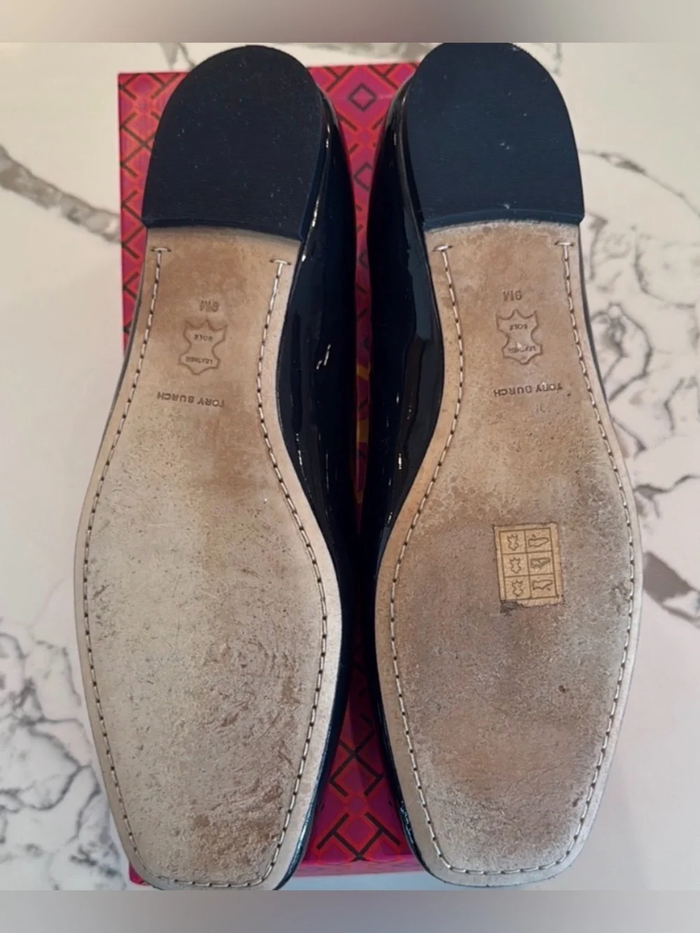 Tory Burch Georgia Patent Leather Logo Square-Toe Ballet Flats